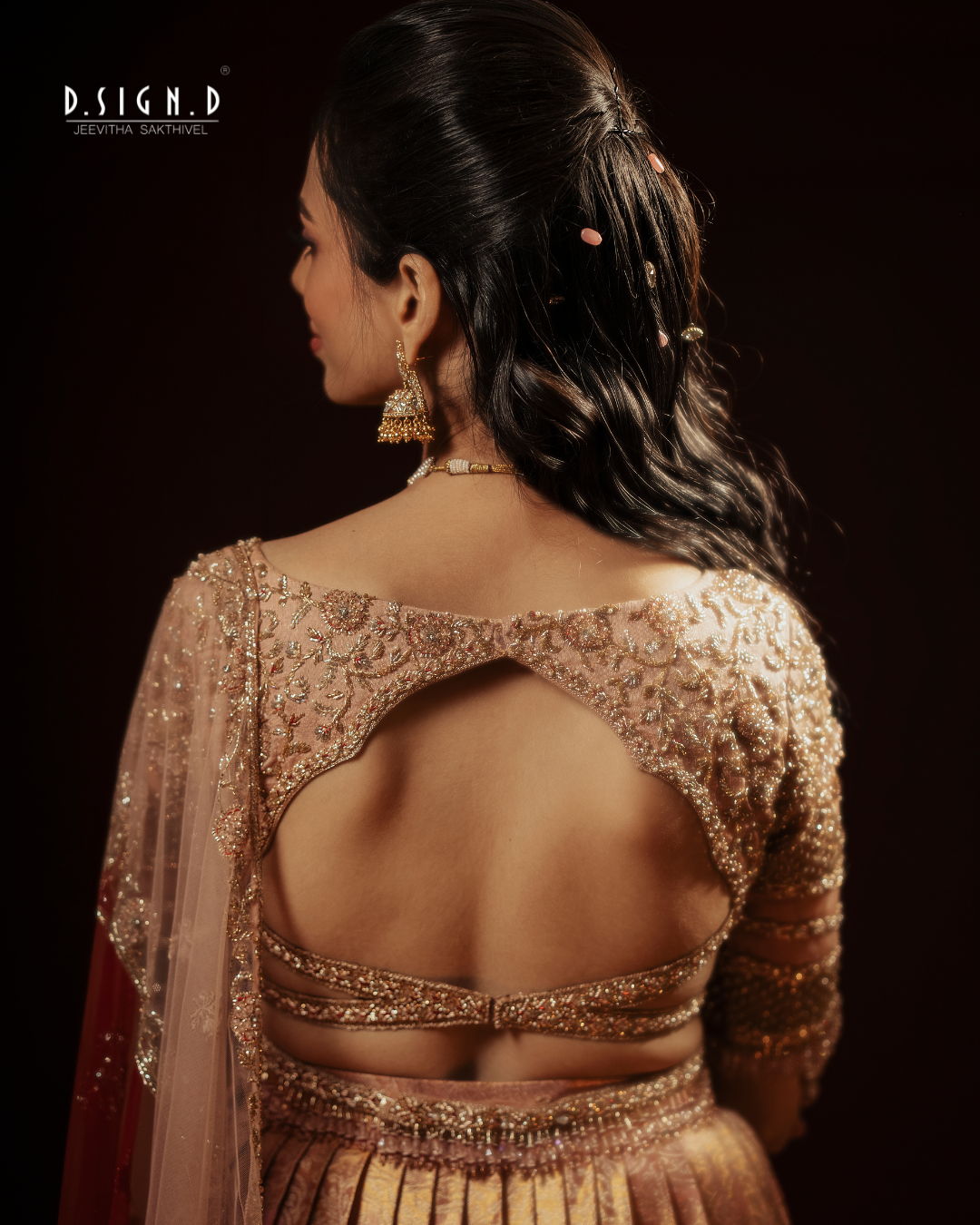 Powder pink embroidered blouse for South Indian half saree
