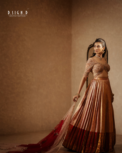 Designer peach red and pink half saree set for weddings and festive occasions
