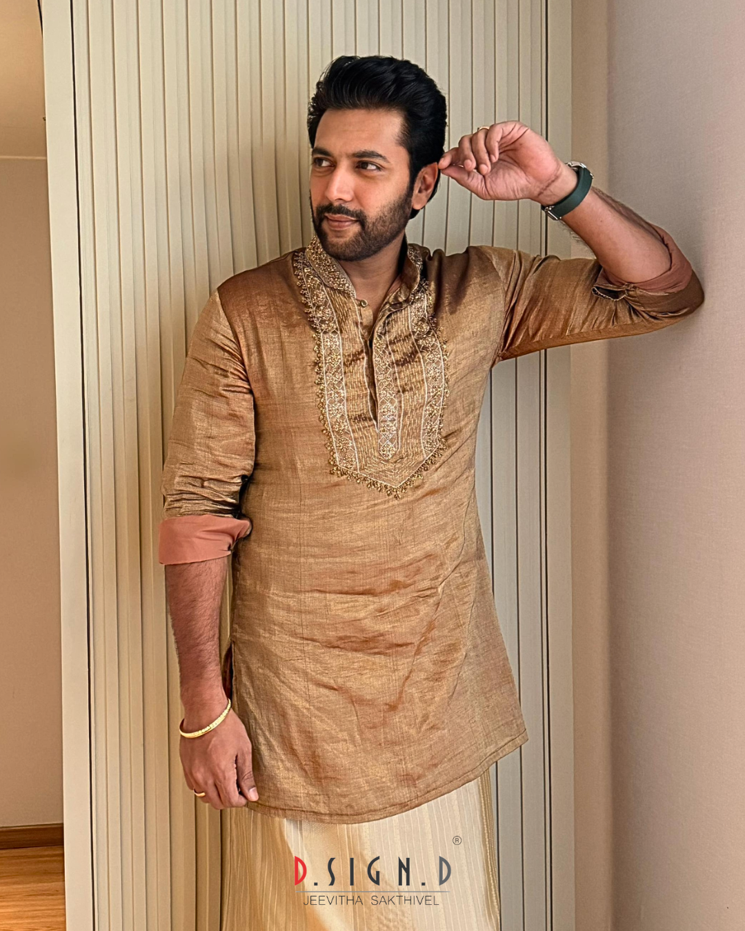 Ravi Mohan wearing gold tissue hand embroidered kurta with fine silk dhoti set by D.Sign.D