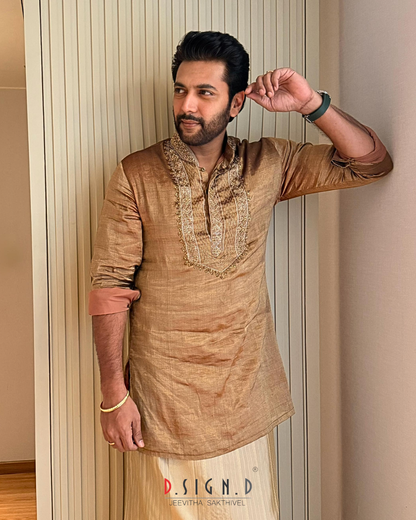 Ravi Mohan wearing gold tissue hand embroidered kurta with fine silk dhoti set by D.Sign.D