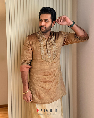 Gold Tissue Kurta & Silk Dhoti Set | Seen on Ravi Mohan