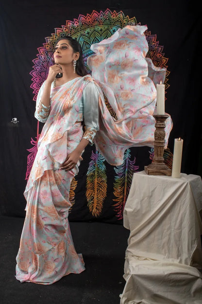 Ice Blue Floral Ruffle Saree with Embroidered blouse