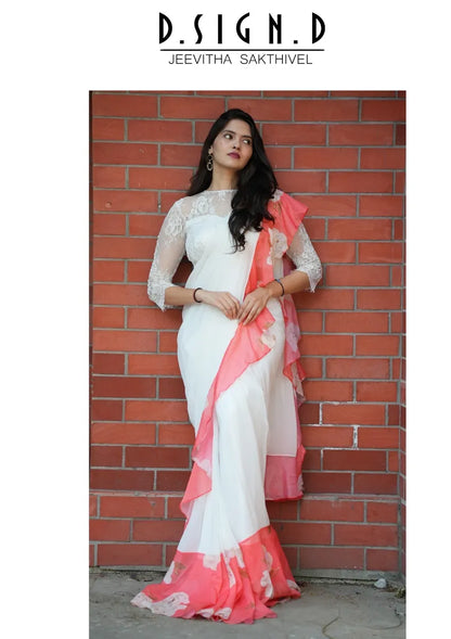 WHITE & CORAL RUFFLE SAREE