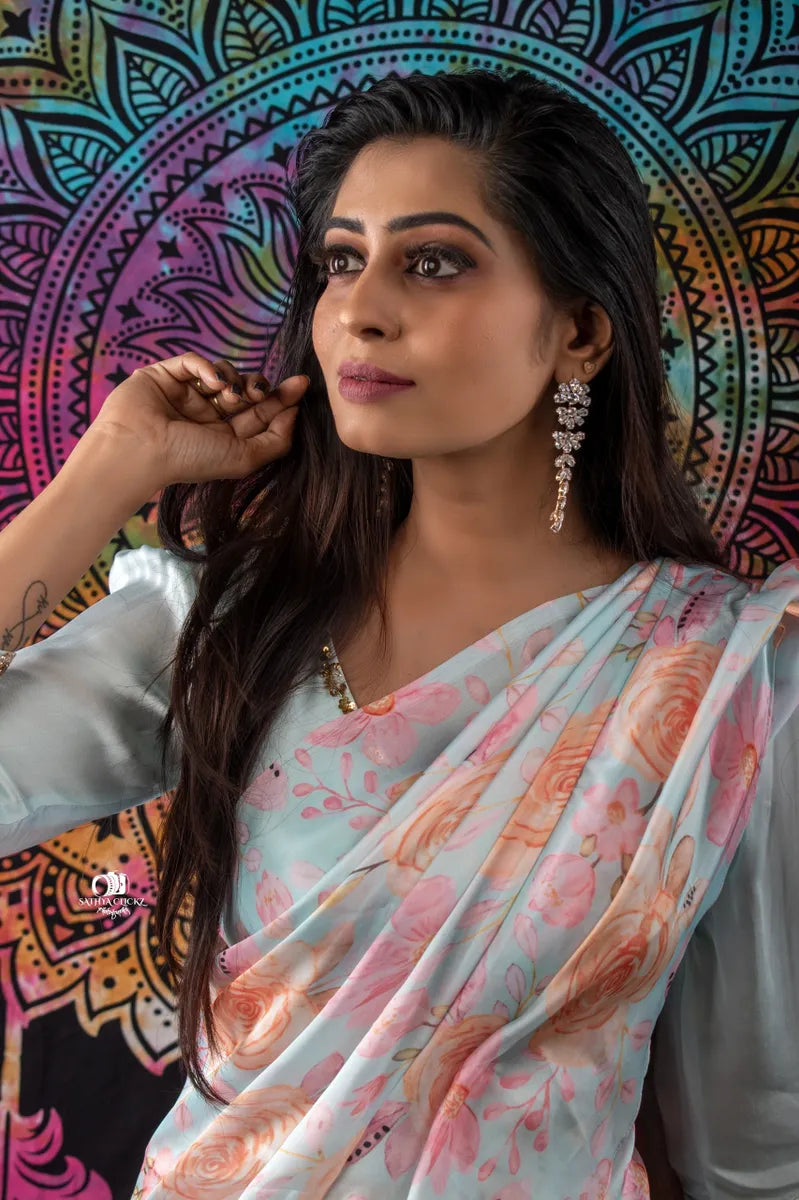 Ice Blue Floral Ruffle Saree with Embroidered blouse