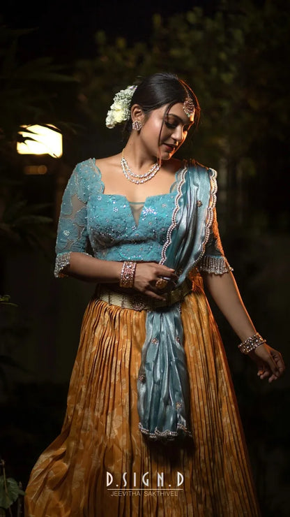Floral Pleated Mustard Silk half saree