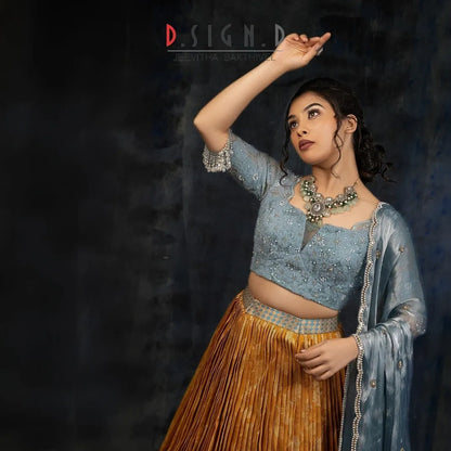 Floral Pleated Mustard Silk half saree