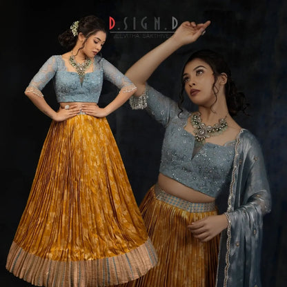 Floral Pleated Mustard Silk half saree