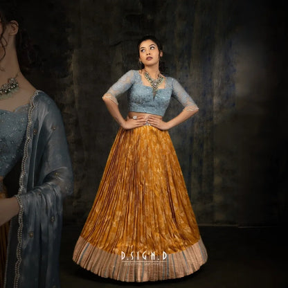 Floral Pleated Mustard Silk half saree