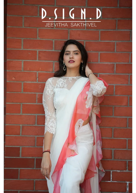 WHITE & CORAL RUFFLE SAREE