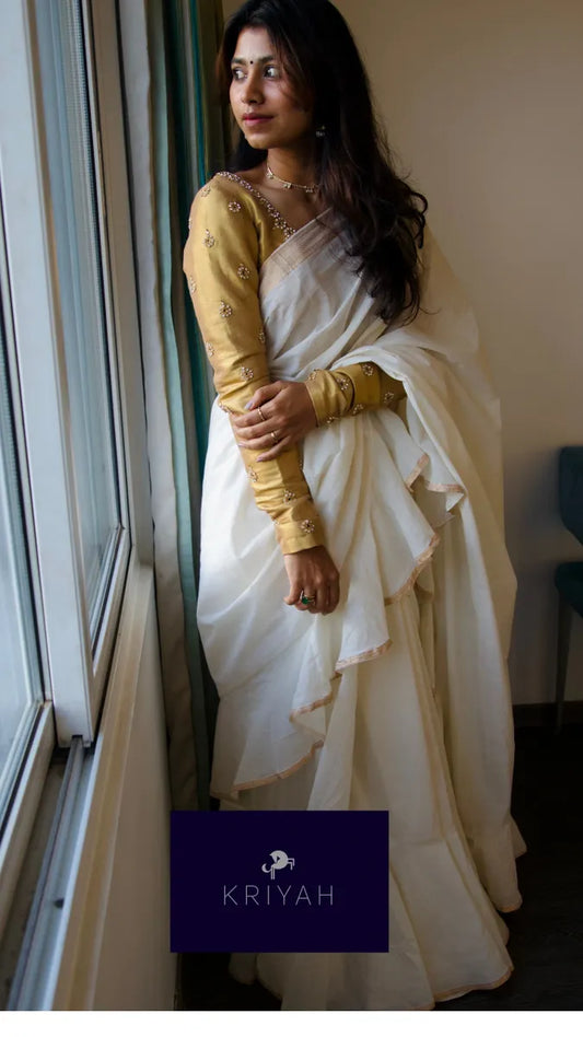 White Mangalgiri Ruffle Saree