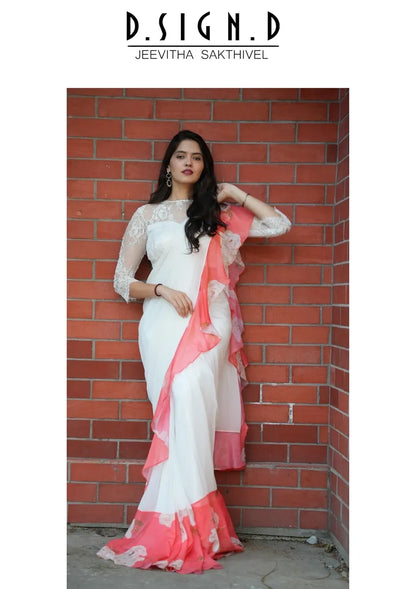 WHITE & CORAL RUFFLE SAREE