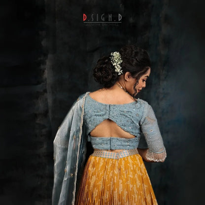 Floral Pleated Mustard Silk half saree