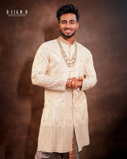 Ivory Embroidery kurta with embellished dhoti set