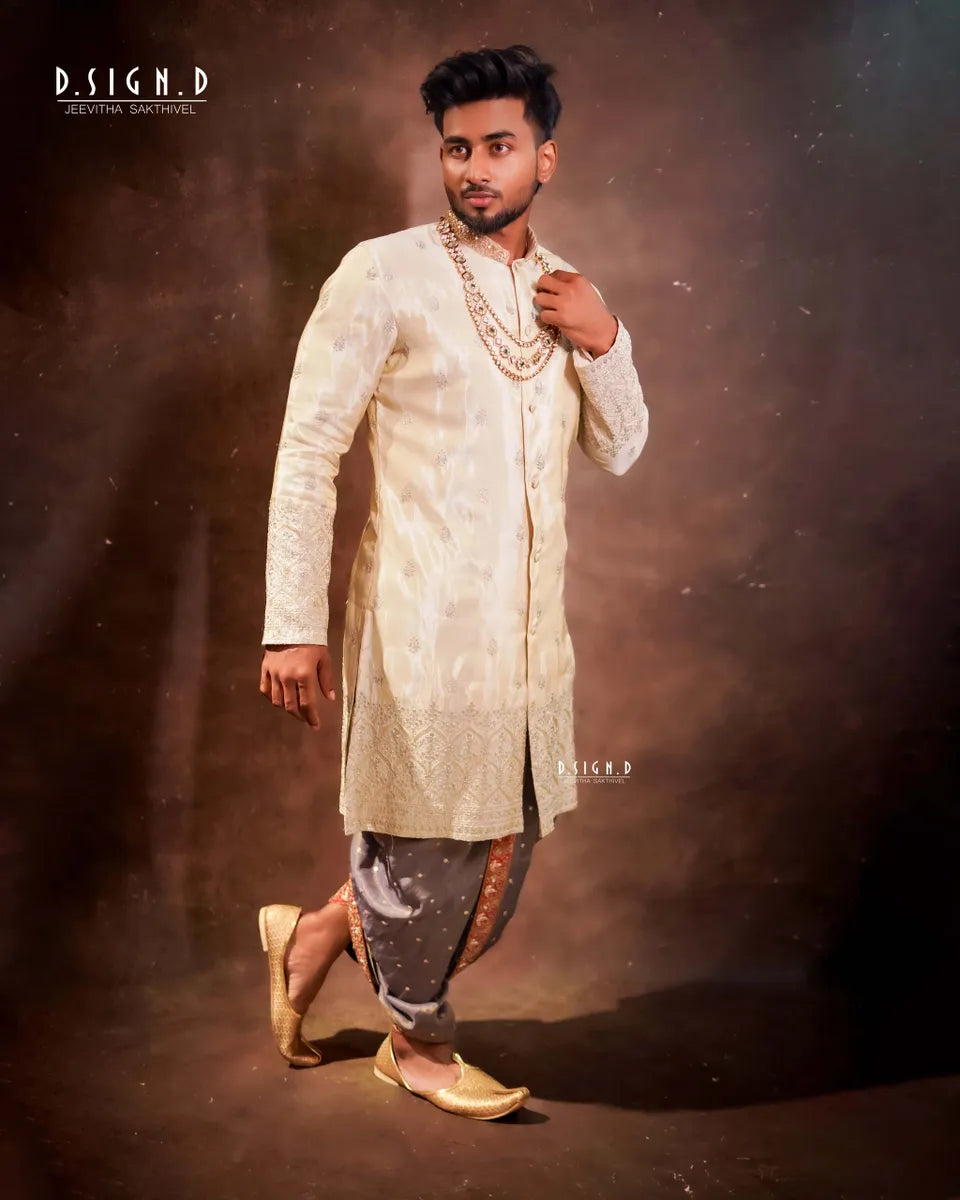 Ivory Embroidery kurta with embellished dhoti set