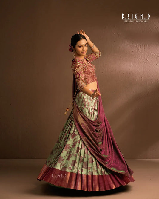 Floral Pleated Silk Half saree