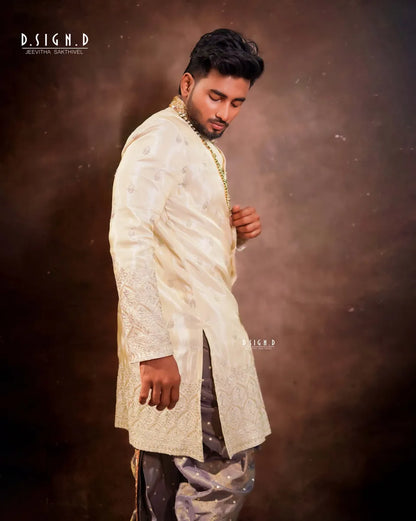 Ivory Embroidery kurta with embellished dhoti set