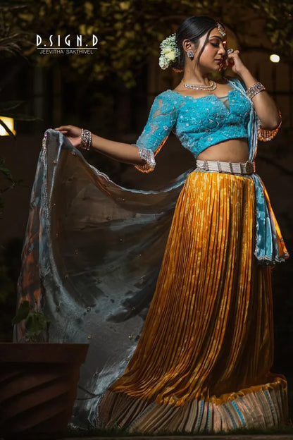 Floral Pleated Mustard Silk half saree