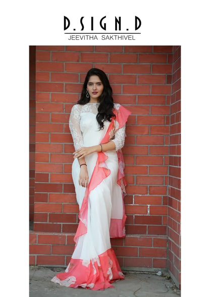 WHITE & CORAL RUFFLE SAREE
