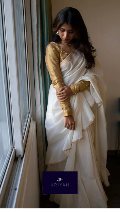 White Mangalgiri Ruffle Saree