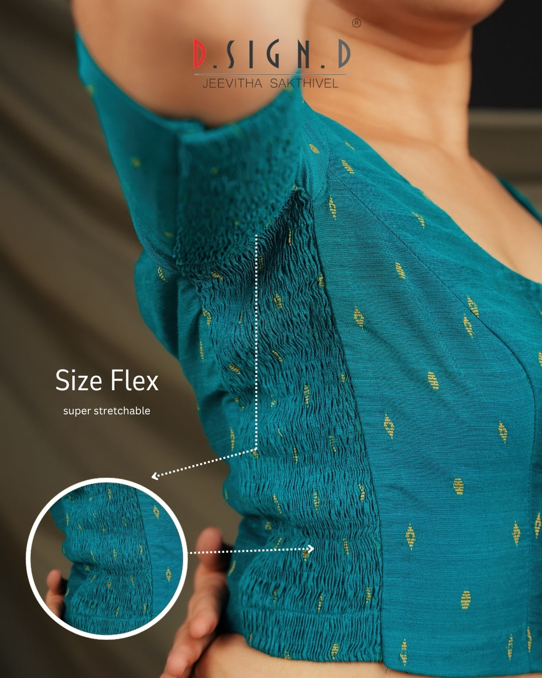 size flex blouse blue with stretch panels for perfect fit
