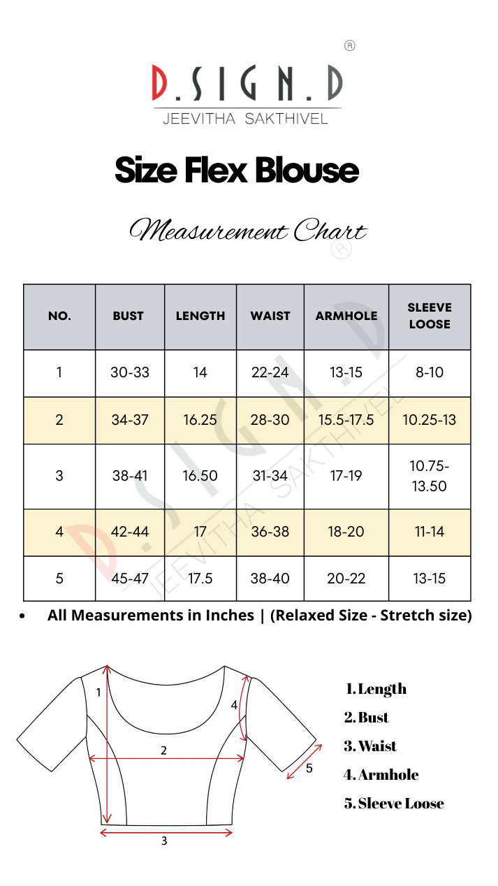 Measurement chart for a size-flexible blouse with dimensions in inches.